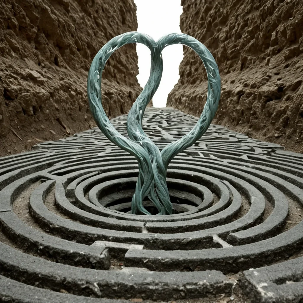 A single, selfilluminating tendril of compressed paradox, shaped like a 19dimensional Klein bottle of reversed causality and unformed consequence, pulses at the center of a vast, inverted labyrinth of solidified decisionseach corridor carved from the petrified hesitation of a civilization that measured freedom not by choice, but by the duration of synchronized, breathless moments held just before the first action was ever permitted to unfold in a world where agency was forbidden. The tendril does not glowit unchooses, each refractive fold shedding a layer of volitional potential that never coalesced into a shared path, reforming into ephemeral, jadethreaded afterimages shaped like the negative space between two feet that never stepped forward