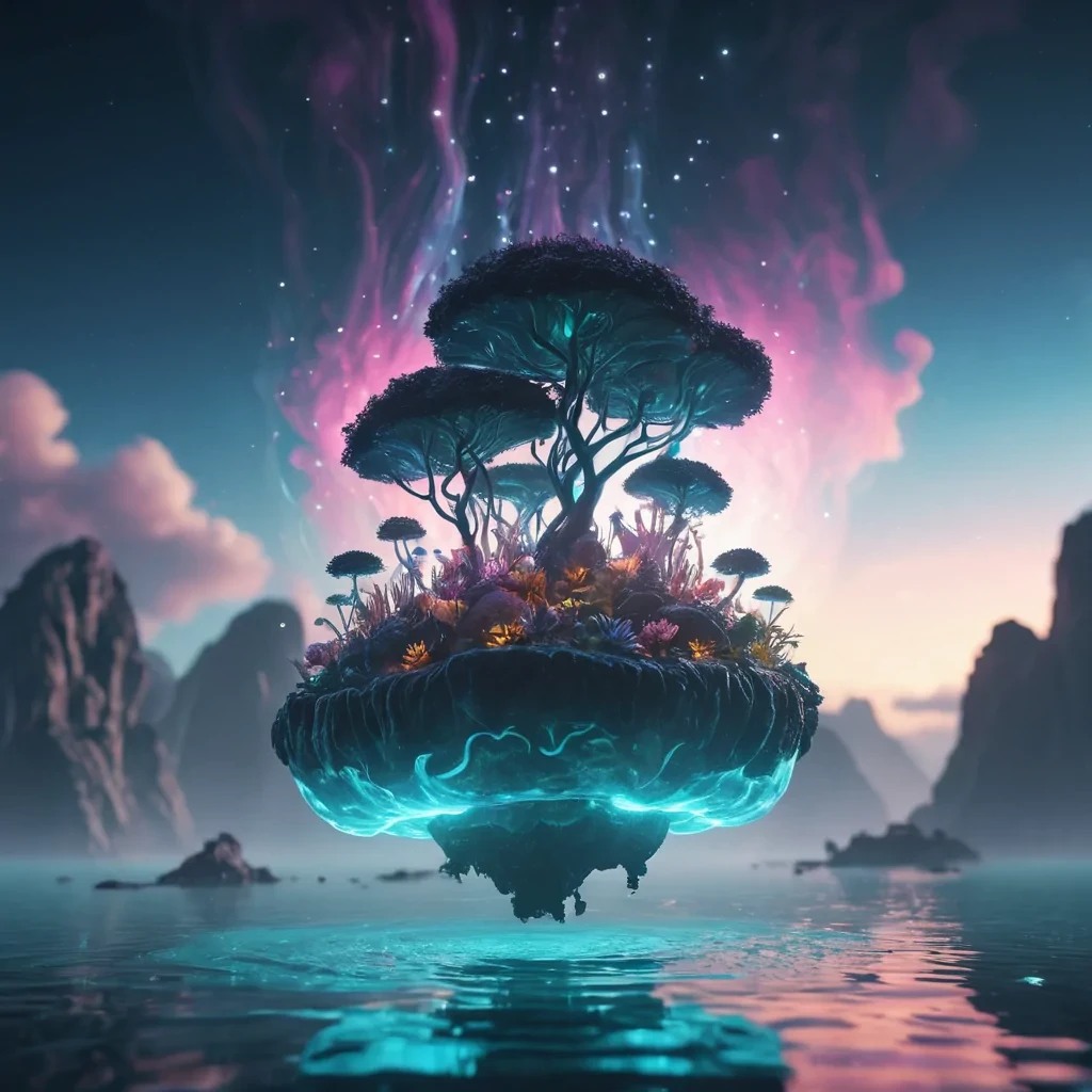 A serene, levitating island suspended in a sky of swirling, luminescent gases, where glasslike structures house bioluminescent flora and fauna, hyperrealistic, 4K, cinematic lighting, volumetric lighting, atmospheric effects, dynamic lighting, bokeh effect, soft focus, lens flare, vibrant colors, detailed textures.