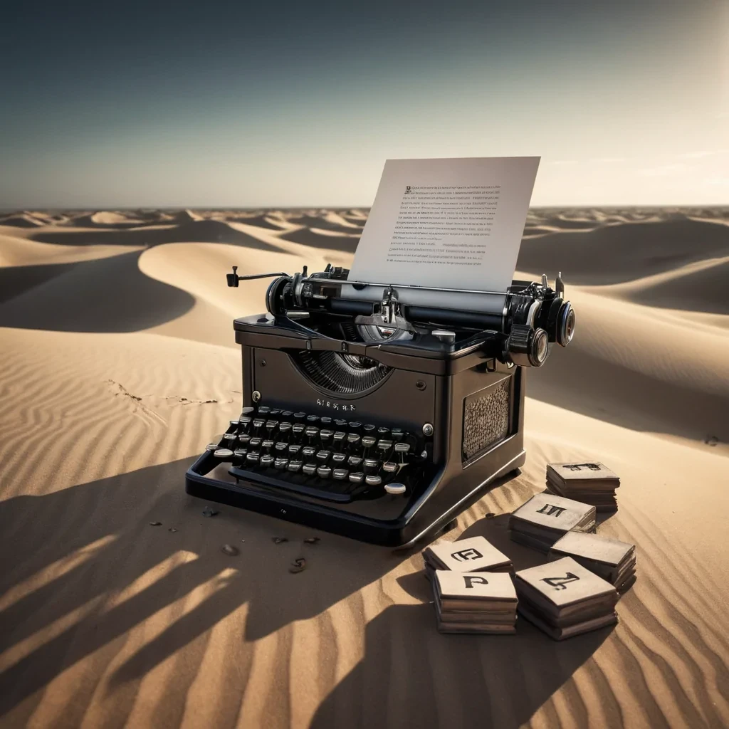 Photorealistic, Ultra HD portrait of a whimsical, levitating vintage typewriter, its keys emitting ethereal, otherworldly words that materialize as glowing, threedimensional letters, set against a surreal, monochromatic landscape of undulating, shadowy dunes, with cinematic lighting casting dramatic shadows and emphasizing the intricate, art deco design, and a subtle, cool bokeh effect creating a sense of isolation and enchantment.