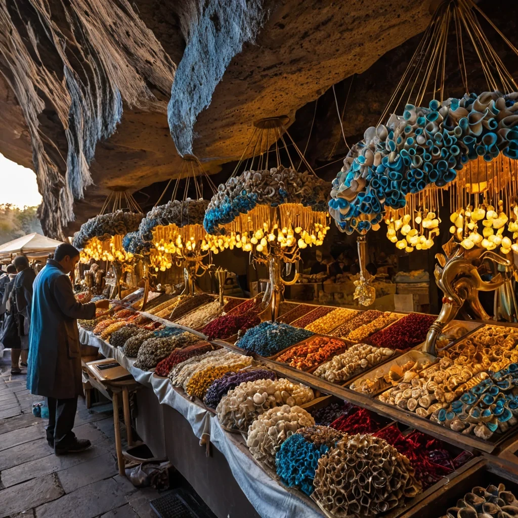 A horizontal, eyelevel medium shot of a bustling, openair marketplace suspended on the side of a massive, vertical cliff face made of porous, honeycomblike white limestone. The stalls are constructed from curved, translucent sheets of heated amber resin that glow warmly from within, displaying exotic goods like spools of iridescent silk, clusters of glowing blue fungi, and intricate brass instruments. In the foreground, a vendor with skin resembling warm, polished sandalwood and wearing a layered tunic of deep crimson velvet and goldthreaded embroidery stands behind a counter of dark, polished walnut. They are carefully arranging a bouquet of rare, crystalline flowers that refract the ambient light into soft rainbows. The lighting is golden hour sunlight filtering through a light