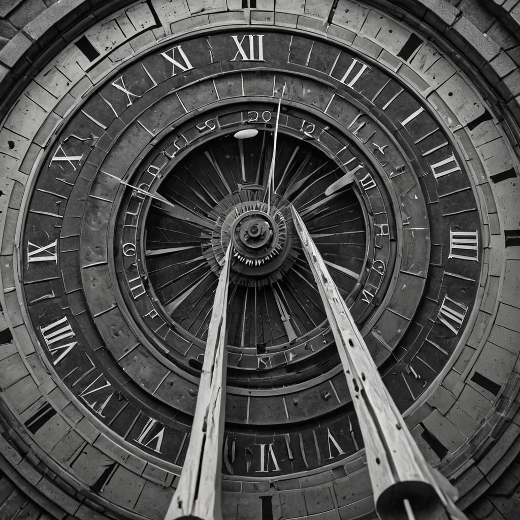 A single, selfresonating shard of reversed time, shaped like a 983dimensional helix of unformed chronology and inverted causality, rotates at the center of a vast, inverted clocktower of solidified stillnesseach gear frozen midturn at the exact moment between a second ticking and its refusal to pass, a pendulum swinging and its sudden collapse into nonmechanical silence, a chime ringing and dissolving into pure, unmeasured quiet. The shard does not measureit unmeasures, each spiraling filament shedding a layer of temporal potential that never coalesced into a shared progression, reforming into ephemeral, seleniteveined afterimages shaped like the negative space between two hands