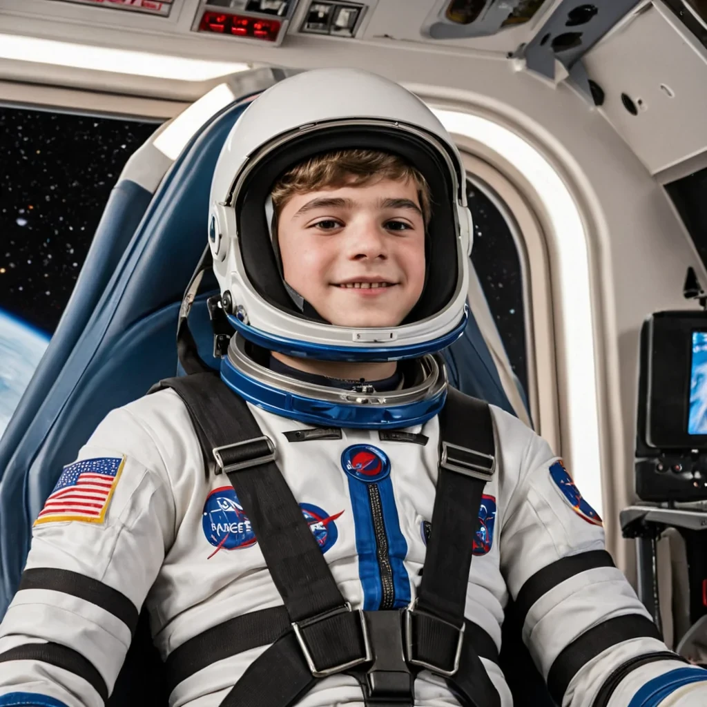 a teenage boy is experiencing g forcesstrap in his seat for the ride wearing a space suit and helmet inside a spaceship