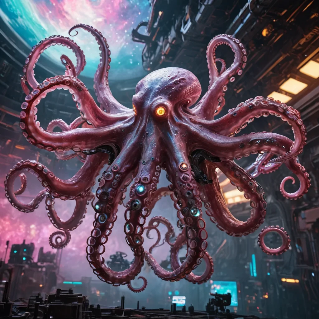 Crimson Convergence A hyperrealistic, Ultra HD, colossal, mechanical octopus, its metallic body adorned with intricate, detailed textures, emerges from the heart of a swirling, cinematic crimson nebula. Volumetric lighting accentuates the creatures dynamic, undulating form, casting dramatic shadows across its sprawling, geometric limbs. Atmospheric effects create a mesmerizing, ethereal mist, revealing the mechanical marvels serene, otherworldly expression as it reaches out towards a distant, vibrant, neonlit space station. The stations iridescent, pastel hues cast a soft, bokeh effect, illuminating the mechanical octopus reflective, metallic eyes, capturing