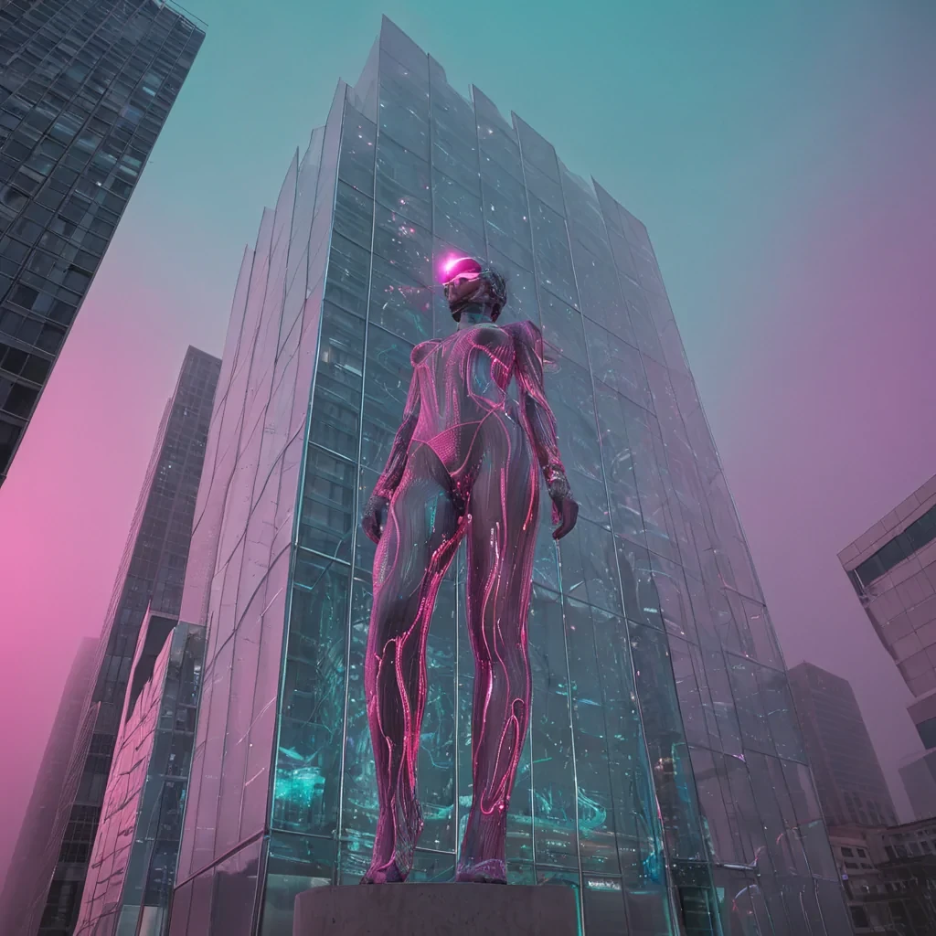 A vertical, lowangle shot of a towering, organic skyscraper constructed from interwoven strands of bioluminescent fiberoptic cables and polished, translucent quartz, situated in a dense, mistshrouded urban plaza under a sky dominated by a large, pale red moon. The buildings surface pulses with rhythmic waves of soft cyan and magenta light, causing the surrounding fog to shimmer with ethereal, iridescent hues. In the foreground, a digital archivist with cool, silvertinted skin and wearing a sleek, formfitting bodysuit made of reflective chrome mesh and layered with holographic fabric panels stands on a hovering, circular platform of frosted glass. They are using a delicate, transparent dataglove