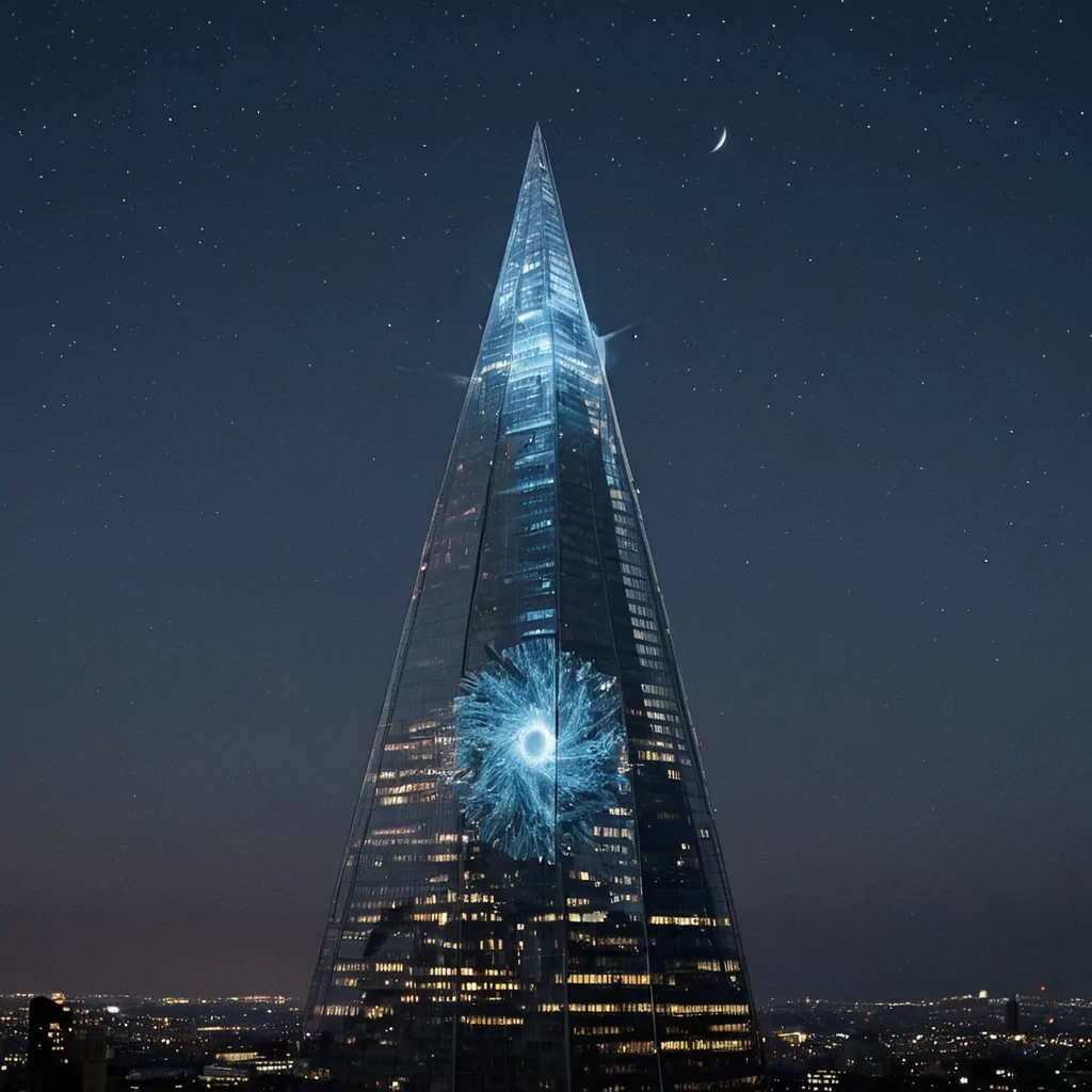 A single, selfilluminating shard of solidified twilight, shaped like a crystalline, nonEuclidean spiral of reversed photonic decay, floats at the center of a vast, inverted observatory built from the compressed, unobserved moments of a civilization that communicated through the duration of synchronized, silent gazing at the edge of perception. The shard does not emit lightit unblinks, each rotation dissolving a layer of visibility that never coalesced into a clear image, reforming into ephemeral, cobaltveined afterimages shaped like the negative space between two eyelids that never opened in the same instant of mutual wonder. The observatory is not astronomicalit is a layered expanse of petrified