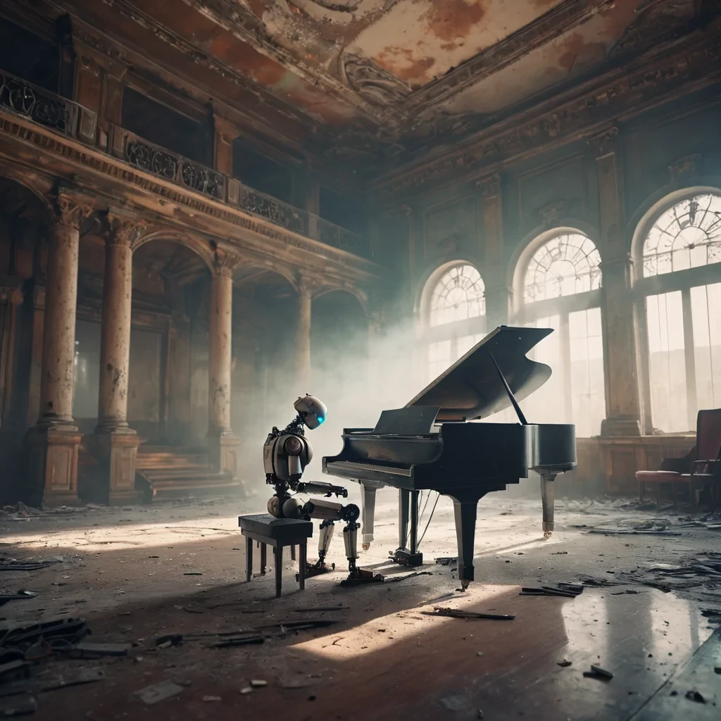 A lone, rusted robot playing a melancholic melody on a grand piano in an abandoned, fogshrouded opera house, hyperrealistic, Ultra HD, cinematic lighting, volumetric lighting, atmospheric effects, bokeh effect, pastel tones, detailed textures.