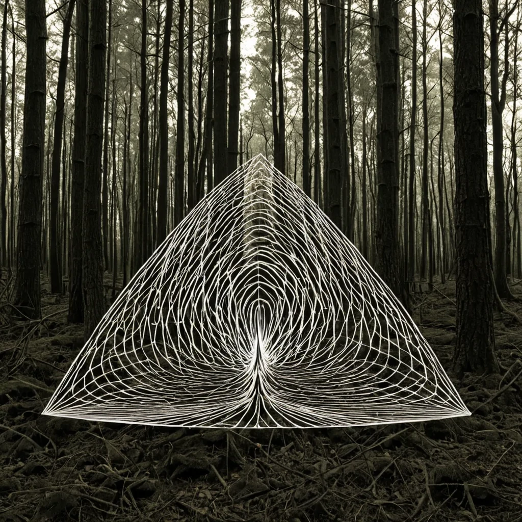 A single, selfilluminating lattice of reversed silence, shaped like a 9,142dimensional web of unformed stillness and inverted quiet, pulses at the center of a vast, inverted forest of solidified sound  each tree carved from the exact moment between a leaf rustling and its refusal to echo, a whisper dissolving into air and collapsing into nonacoustic emptiness, a heartbeat syncing with a distant wind and dissolving into pure, unmeasured nonvibration. The lattice does not contain silence  it uncontains it, each fraying strand shedding a layer of auditory potential that never coalesced into perceptible resonance, reforming into ephemeral, obsidianthreaded afterimages shaped like the negative space