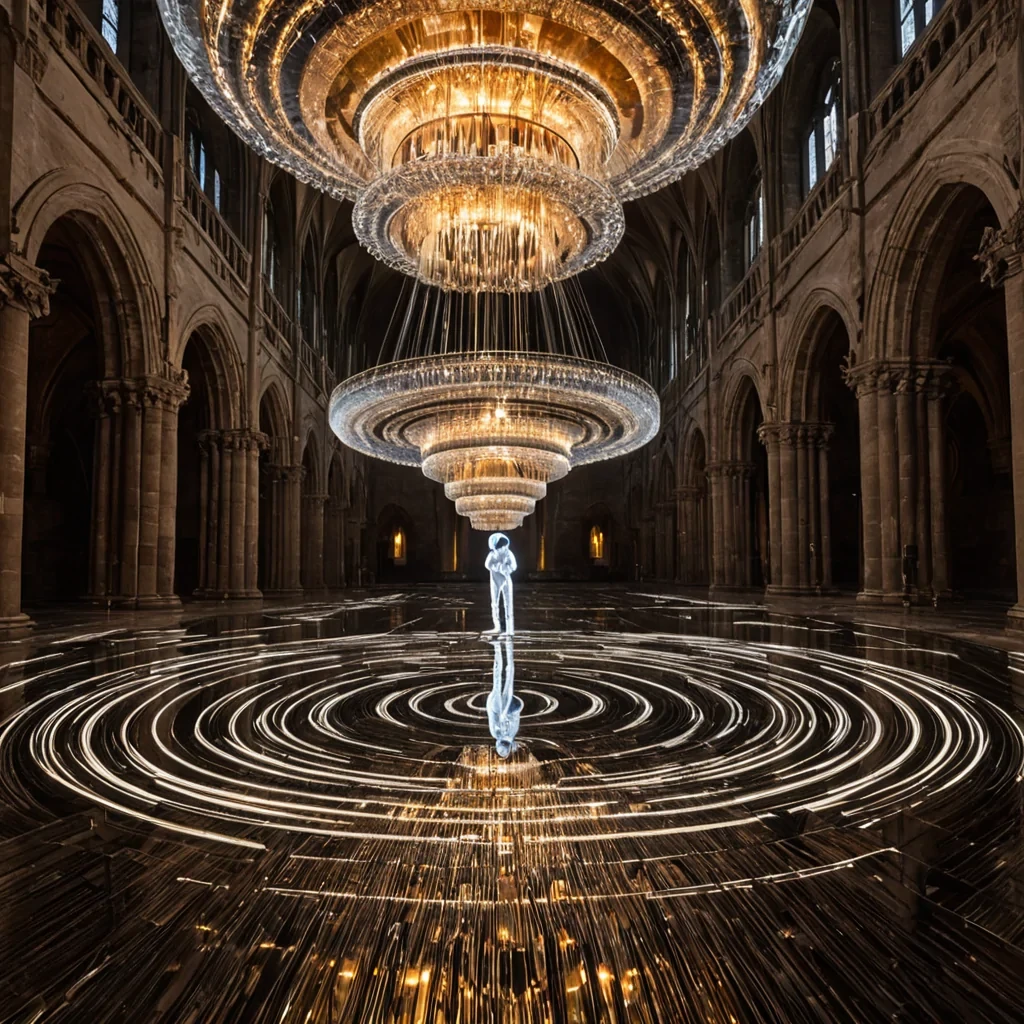 A highangle, widelens perspective of a subterranean cathedral constructed from millions of stacked, semitranslucent vinyl records, forming colossal, spiraling buttresses that glow with internal, amberhued warmth. The floor is a vast, mirrorpolished surface of liquid mercury, perfectly reflecting the intricate, grooveladen architecture above. Floating at the center is a massive, spherical chandelier made entirely of crystallized sound waves, frozen in midvibration, emitting soft, concentric rings of haptic light that ripple outward through the air. Tiny, humanoid figures clad in reflective, silver mylar suits stand in concentric circles on the mercury floor, holding tuning forks that vibrate in synchronization with the chandelier, creating visible, golden shock