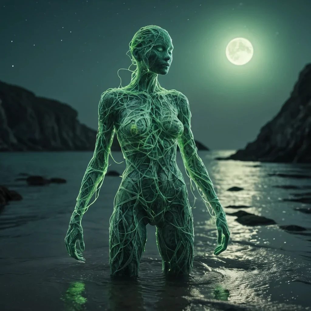 A humanoid figure composed entirely of intertwining, luminescent algae, standing on a moonlit shore, hyperrealistic, Ultra HD, cinematic lighting, volumetric lighting, atmospheric effects, soft focus, pastel tones, detailed textures.