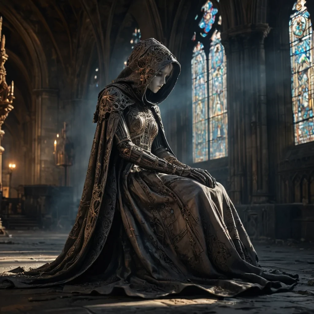 Photorealistic, Ultra HD portrait of a melancholic, sentient automaton, its metallic body adorned with intricate, tarnished filigree, sitting alone in a vast, abandoned cathedral, surrounded by towering, gothic arches and faded, stainedglass windows, with cinematic lighting casting dramatic shadows and emphasizing the intricate, steampunkinspired design, and a subtle, cool bokeh effect creating a sense of isolation and melancholy, as a lone, spectral comet streaks across the night sky, its glowing tail leaving a trail of stardust in its wake, while a spectral, ethereal figure, cloaked in a tattered, hooded robe, stands silently at the edge of