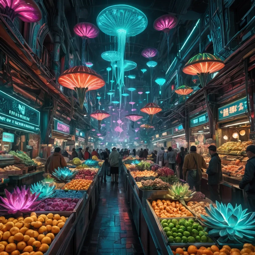 A hyperrealistic, 4K, ultra HD depiction of a vibrant, retrofuturistic marketplace in the heart of a bustling alien metropolis. The markets colorful, geometric stalls and neon signs are etched with intricate, alien symbols that shimmer in a kaleidoscope of vibrant hues. Volumetric lighting from the pulsating, bioluminescent plants casts a mesmerizing glow on the diverse array of alien vendors and patrons, each with unique, otherworldly features. Photorealistic, zerogravity fruit formations drift in a surreal dance above the shimmering, crystalline canals that wind through the market. In the heart of the marketplace, a towering, art deco water fountain spouts ethereal, luminescent liquid