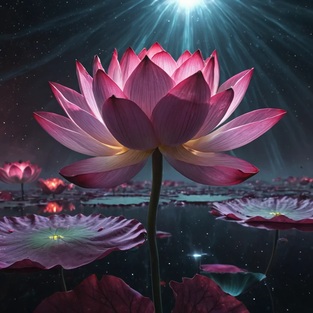 Photorealistic, titanic, ethereal, lotus blooming from the heart of a desolate, ultra HD, crimson nebula. Hyperrealistic, 4K, petal structures unfurl, revealing ultra HD glimpses of a tranquil, bioluminescent, alien world within. Volumetric lighting from unseen, pulsating, nebula cores etches the lotus ethereal, fractal petals, casting intricate, dynamic, shimmering shadows on the inverted, reflective void. Cinematic lighting bathes the scene in vibrant, otherworldly hues, with lens flare emphasizing the lotus central, radiant, throbbing, stamen heart, pulsating with captive,