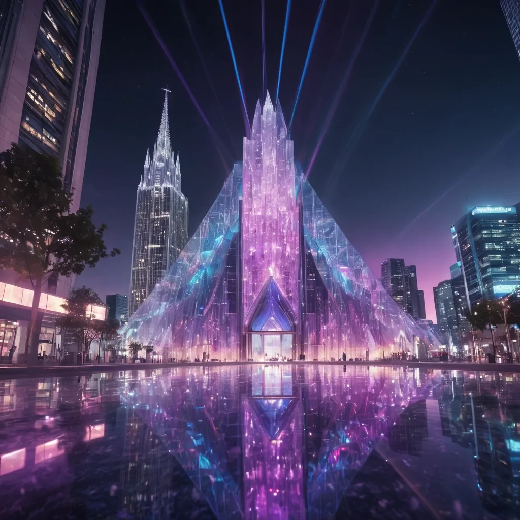 A colossal, levitating crystal cathedral suspended over a sprawling, futuristic metropolis, its facets refracting the city lights into a mesmerizing dance of colors, hyperrealistic, 8K, cinematic lighting, volumetric lighting, atmospheric effects, dynamic lighting, bokeh effect, soft focus, lens flare, neon purples, electric blues, and metallic silvers, detailed textures.