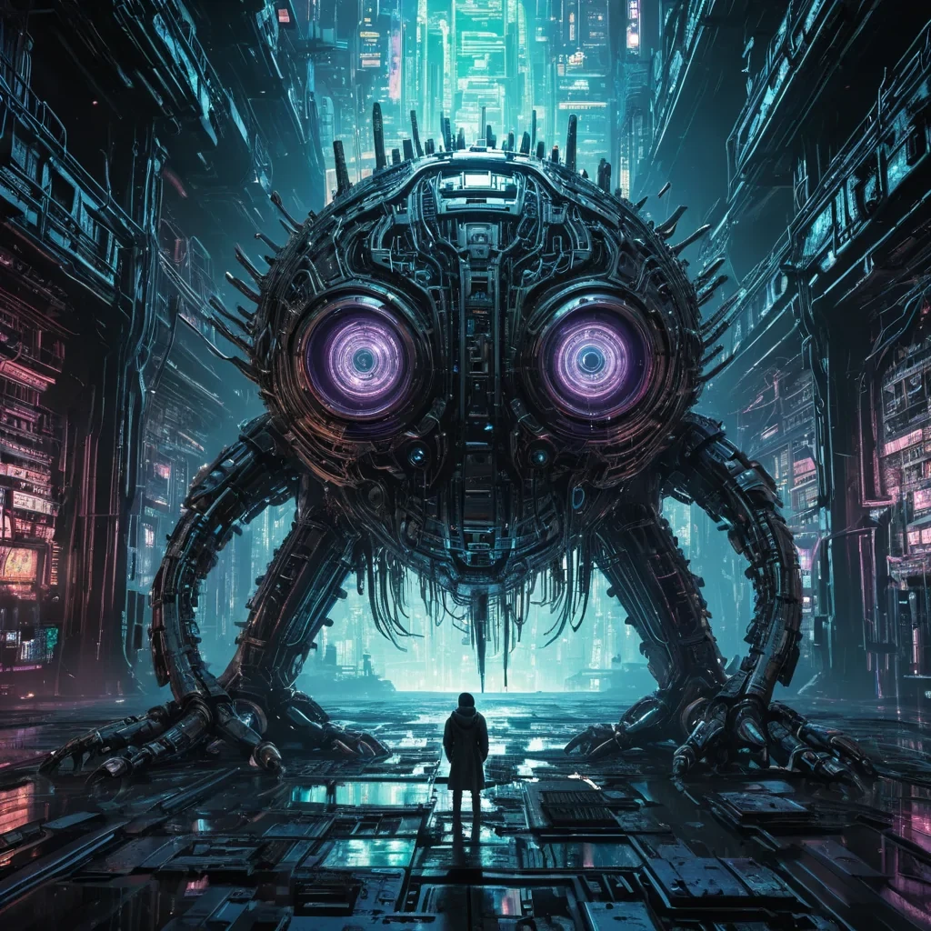 An opalescent, colossal, ancient leviathan, its iridescent, barnacleencrusted form breaching the heart of a boundless, neonlit cyberpunk metropolis, stands as a silent, mechanical sentinel. The leviathans colossal, dormant cybernetic eye, a labyrinth of interlocking, luminescent circuits, casts dynamic, ethereal shadows across the sprawling, holographic cityscape, revealing intricate, ancient binary codes etched into the weathered, rainkissed metal terrain. Within, a spectral figure, clad in a tattered, vintage hackers hoodie, drifts through the desolate, neonlit interior, their form