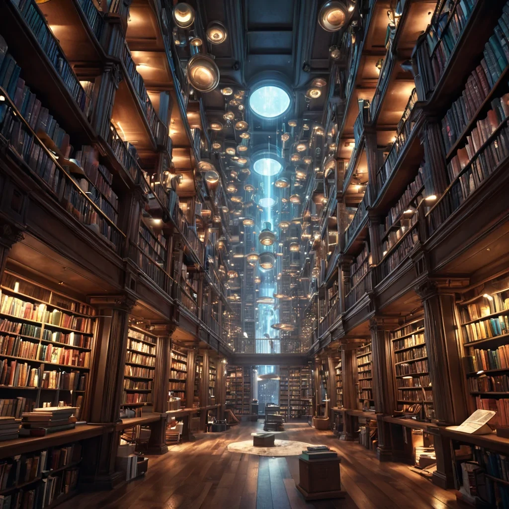 A sentient, metallic library sprawls across a bustling, vertical cityscape, its shelves stretching skyward, filled with levitating tomes that emit soft, ethereal glows, while tiny, robotic librarians flit about, maintaining the endless collection, hyperrealistic, 4K, cinematic lighting, volumetric lighting, atmospheric effects, dynamic lighting, lens flare, vibrant colors, detailed textures.