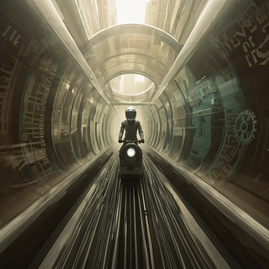 A highspeed motionblur photograph of a solitary figure riding a slender, obsidianblack monorail train through the interior of a massive, vertical tube constructed entirely from layered, translucent sheets of compressed paper. The paper walls are printed with intricate, moving typography in fading ink that shifts color from sepia to cyan as the train ascends. Outside the curved window, a surreal cityscape of floating, clockwork mechanisms gears and pendulums drifts in a thick, amberhued fog, backlit by a single, blinding white sun. The figure wears a sleek, aerodynamic helmet with a reflective visor that mirrors the rushing text on the walls, creating a dizzying sense of depth and speed. The lighting is warm and nostalgic