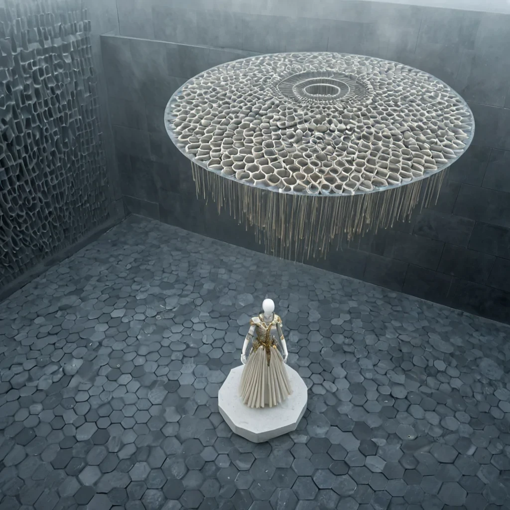 A horizontal, eyelevel wide shot of a serene, suspended plaza constructed from floating hexagonal tiles of matte charcoal slate, hovering above a deep, mistfilled void. The architecture features slender, spiraling towers of translucent, pale blue alabaster that emit a soft, internal luminescence. In the center, a figure wearing a structured, avantgarde outfit of stiff, pleated white linen stands holding a delicate, intricate instrument made of polished bone and gold filigree. The instrument emits visible sound waves rendered as translucent ribbons of silver light that curl around the figure. The lighting is ethereal and diffused, with volumetric rays of sunlight piercing through the mist from above, creating a stark contrast between the cool tones of the stone