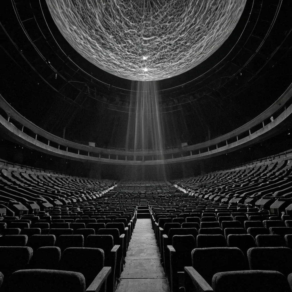 A single, selfoscillating filament of inverted moonlight pulses through the core of a floating, inverted amphitheater constructed entirely from the thermal afterimage of a thousand unapplauded performances that never resonated in the ears of a world that never stood to cheer. The filament does not illuminateit unperforms, each pulse dissolving a moment of expression into its original silence, releasing a wave of negative ovation that fractures the fabric of recognition into a drifting mist of topaz, geometric claps, each one etched with the chromatic residue of a name that never echoed through the rafters of a theater that never held an audience. The amphitheaters seats are not occupiedthey are suspended in midunoccupation, each
