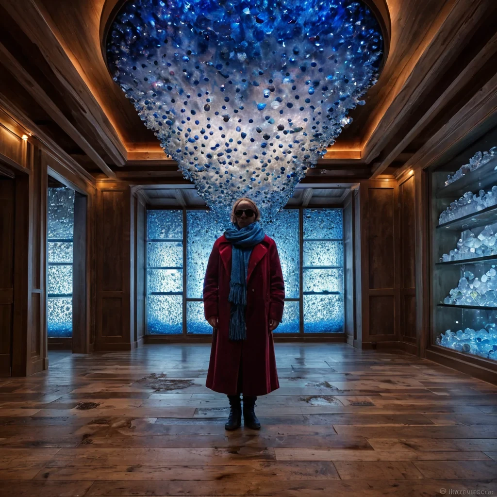 A horizontal, eyelevel medium shot of a serene, indoor apothecary situated within the hollowedout cavity of a massive, polished geode lined with roughhewn, iridescent opal shards. The floor is a seamless expanse of warm, honeytoned maple wood, scattered with small, glass vials filled with shimmering, viscous liquids in shades of deep crimson and electric blue. Suspended from the curved ceiling are dozens of delicate, brassbound glass orbs, each containing a slowly rotating, cloudlike formation of aromatic steam that glows with a soft, internal luminescence. In the center, a figure wearing a long, charcoalgray coat woven from heavy, textured wool and a scarf made of translucent, frost