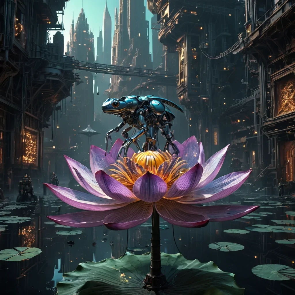 A colossal, ancient, mechanical lotus, its metallic petals unfurling to reveal a labyrinthine, neonlit city within, blooms from the heart of a vast, undulating, obsidian plain. Suspended within the lotus stamen, a holographic, sentient, mechanical swarm of dragonflies dances, casting ephemeral shadows on the citys inhabitants sentient, robotic, reptilian creatures. Rendered in ultra HD, with volumetric lighting, atmospheric effects, and vibrant colors, evoking a sense of surreal, otherworldly wonder.