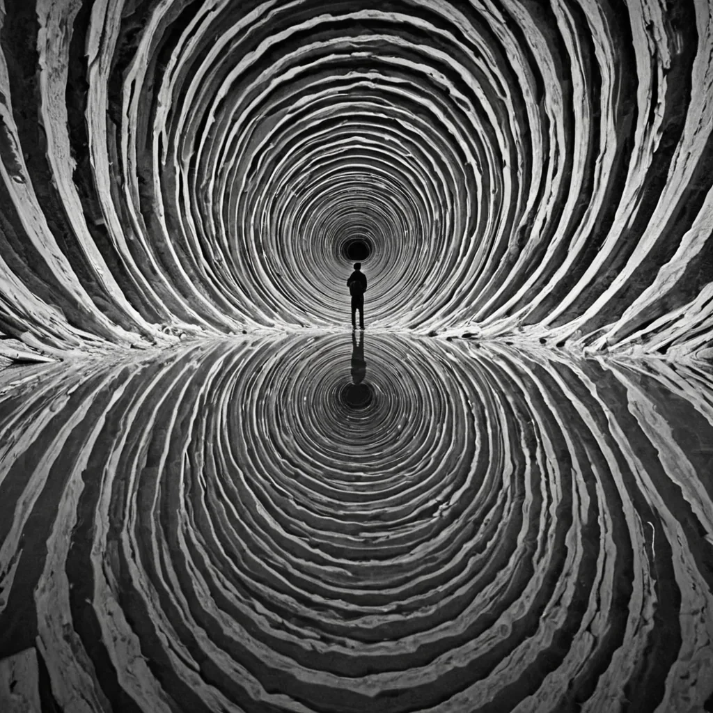 A single, selfsiphoning vortex of condensed stillness, shaped like a 3dimensional helix of inverted memory and unformed recollection, rotates at the center of a vast, inverted lagoon composed of the petrified reflections of a civilization that measured identity through the duration of synchronized, silent stares held just before the first mirror was ever cracked. The vortex does not drainit unremembers, each spiral shedding a layer of selfperception that never coalesced into a shared face, reforming into ephemeral, jadeveined afterimages shaped like the negative space between two eyes that never recognized themselves in the same moment of mutual dissolution. The lagoon is not liquidit is a stratified expanse of compressed nonbeing