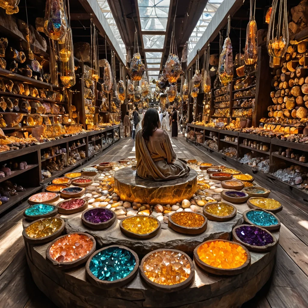 A horizontal, eyelevel medium shot of a bustling, sundrenched marketplace suspended within a colossal, hollowedout geode crystal, where the curved walls are lined with shimmering formations of amethyst, citrine, and quartz that refract natural light into a kaleidoscope of pastel and vibrant hues. The ground is a smooth, polished floor of deep obsidian, reflecting the colorful stalls above. Merchants display goods on low, floating platforms made of warm, reclaimed teak wood, selling items such as spools of iridescent silk thread, ceramic vessels filled with glowing liquid gold, and bundles of dried, aromatic herbs in shades of ochre and sage. In the center, a figure wearing a loose, flowing tunic woven from