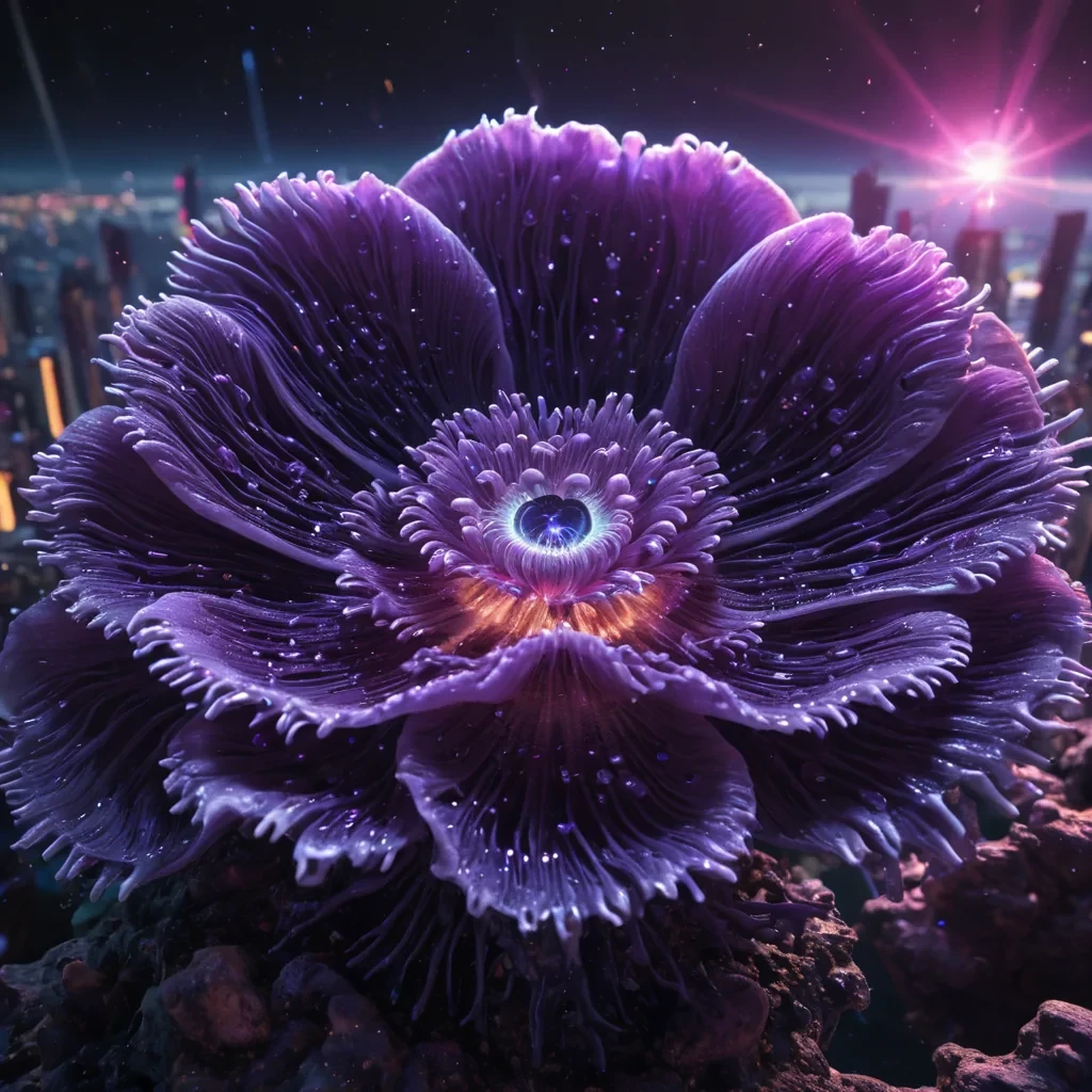 Photorealistic, colossal, undulating, amethyst anemone metropolis, its hyperrealistic, 4K, velveteen petals unfurling ultra HD, bioluminescent, zerogravity ecosystems. Volumetric lighting from unseen, pulsating, bioluminescent hearts etches the citys ethereal, organic architecture, casting intricate, dynamic, neon shadows on the inverted, reflective void. Cinematic lighting bathes the scene in vibrant, otherworldly hues, with lens flare emphasizing the citys central, radiant, throbbing, amethyst heart, pulsating with captive, artificial, bioluminescent energy.
