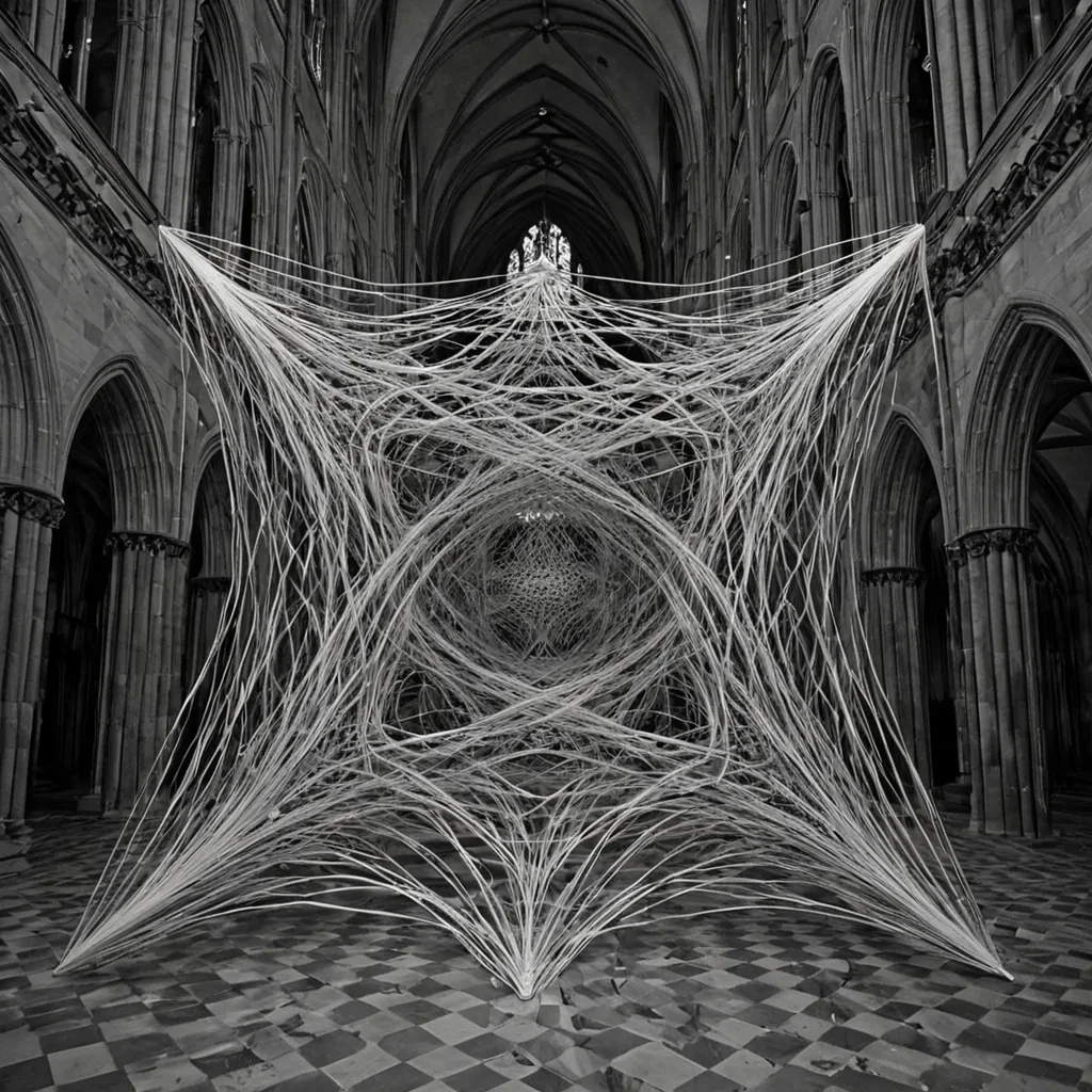 A single, selfresonating lattice of reversed silence, shaped like a 7,301dimensional tangle of unformed stillness and inverted quiet, pulses at the center of a vast, inverted cathedral of solidified sound. Each node is woven from the exact moment between a whisper forming in the throat and its refusal to travel through air, a song fading into the void and dissolving into nonresonance, a breath held in anticipation and collapsing into pure, unmeasured nonvibration. The lattice does not contain silenceit uncontains it, each shimmering junction shedding a layer of auditory potential that never coalesced into melody, rhythm, or the weight of being heard. As it pulses forward through the cathedrals mirrored