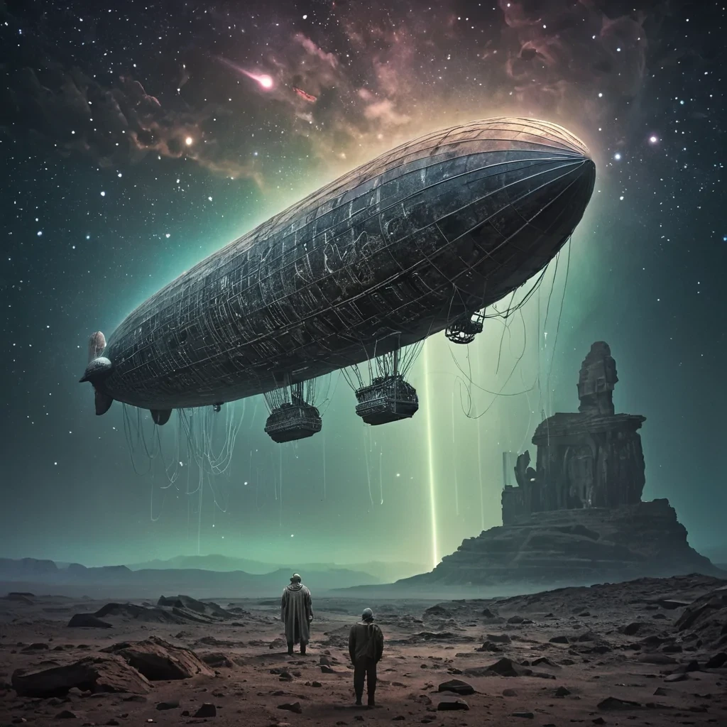 An ephemeral, colossal, ancient zeppelin, its spectral, hydrogenfilled form navigating a desolate, twilightkissed alien sky, serves as a silent, celestial wanderer. The zeppelins colossal, dormant searchlight, a labyrinth of interlocking, iridescent prisms, casts dynamic, otherworldly beams across the alien landscape, revealing intricate, ancient hieroglyphs etched into the weathered, stardustkissed metal surface. Within, a spectral figure, clad in a tattered, vintage aviators coat, drifts through the desolate, luminescent interior, their form composed of swirling, stardustkissed motes of light