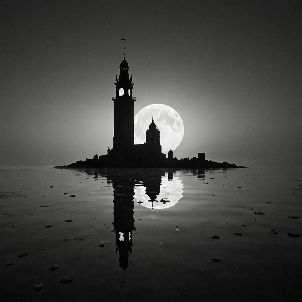 A single, selfluminous clocktower made of solidified moonlight stands at the edge of a floating archipelago of inverted glass islands, each island a perfect mirror of a different forgotten era, reflected not in time but in emotional frequency. The tower does not tell timeit hums a low, harmonic resonance that bends gravity into visible, slowmoving ripples across the surface of the islands, each ripple revealing a ghostly, translucent silhouette of a city that never was, built from the collective memory of a species that communicated through the weight of unlit candles. The sky is not airit is a thick, viscous fog of compressed breaths from a civilization that never spoke, each particle glowing with the faint, pulsing afterimage