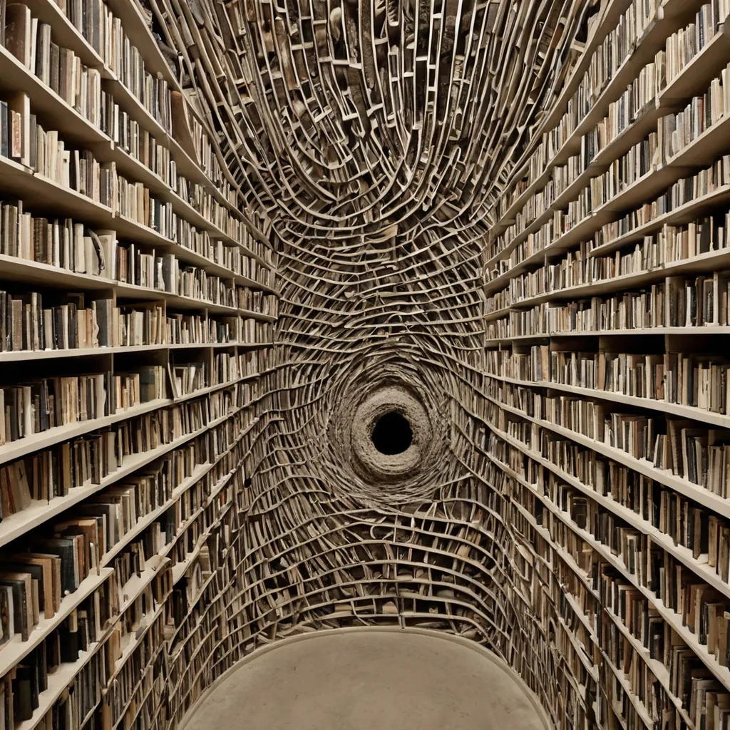 A single, selferoding thread of solidified silence, shaped like a 42dimensional helix of inverted perception and unformed sight, floats at the center of a vast, inverted archive of petrified breath  each shelf carved from the fossilized pause between two unspoken words in a civilization that measured meaning not by communication, but by the duration of synchronized, breathless hesitation held just before the first syllable was ever permitted to fracture the air. The thread does not unravel  it unreads, each fraying strand shedding a layer of semiotic potential that never coalesced into a shared lexicon, reforming into ephemeral, chalcedony afterimages shaped like the negative space between two lips that never parted