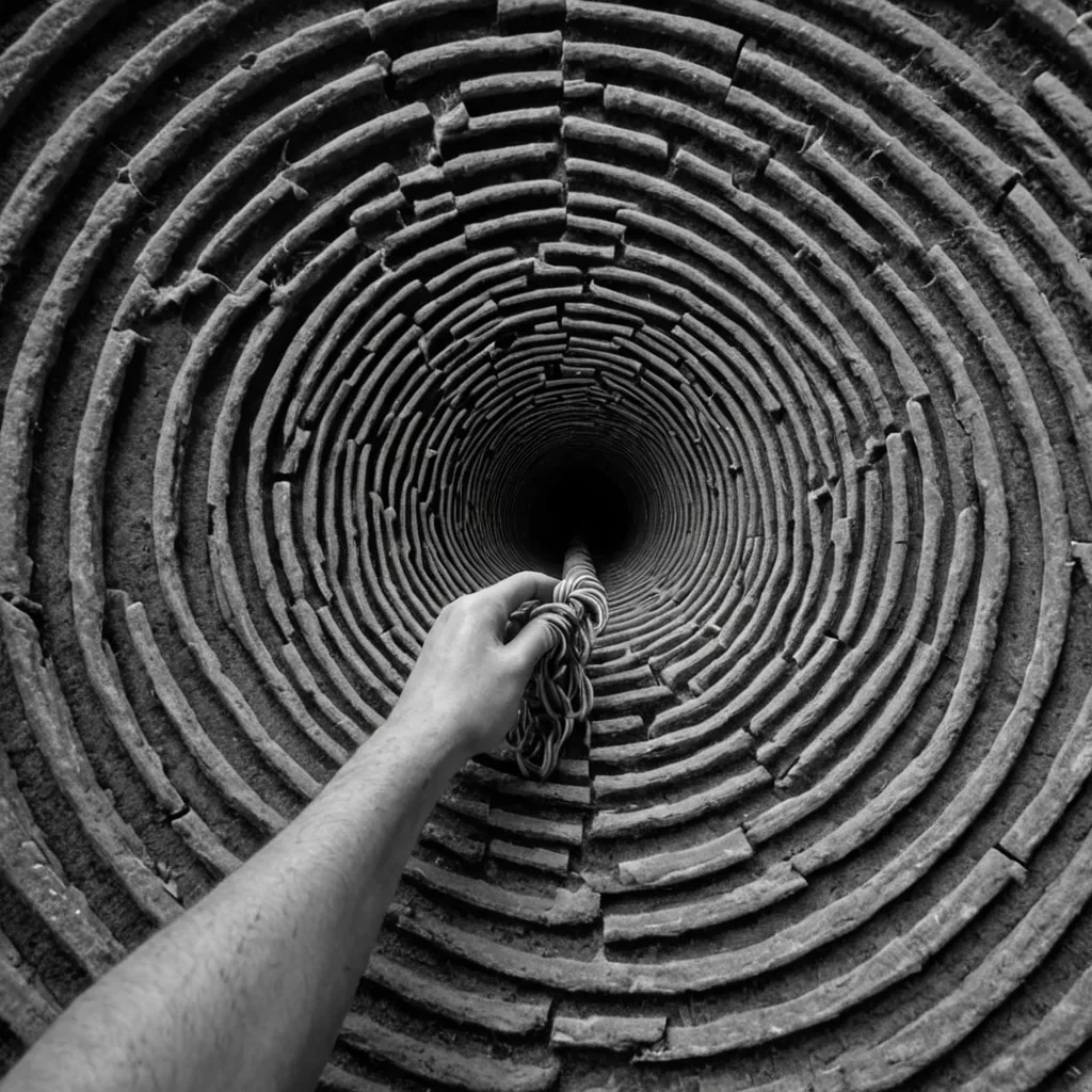 A single, selfoscillating node of reversed potential, shaped like a 3,741dimensional toroidal knot of unformed energy and inverted entropy, pulses at the center of a vast, inverted labyrinth of solidified decisioneach corridor carved from the exact moment between a choice being made and its refusal to unfold, a path diverging and dissolving into noncausal mist, a door opening and collapsing into pure, unmeasured ambiguity. The knot does not chooseit unchooses, each rotating filament shedding a layer of volitional potential that never coalesced into actionable consequence, reforming into ephemeral, amethystthreaded afterimages shaped like the negative space between two hands that never turned a key in a lock that