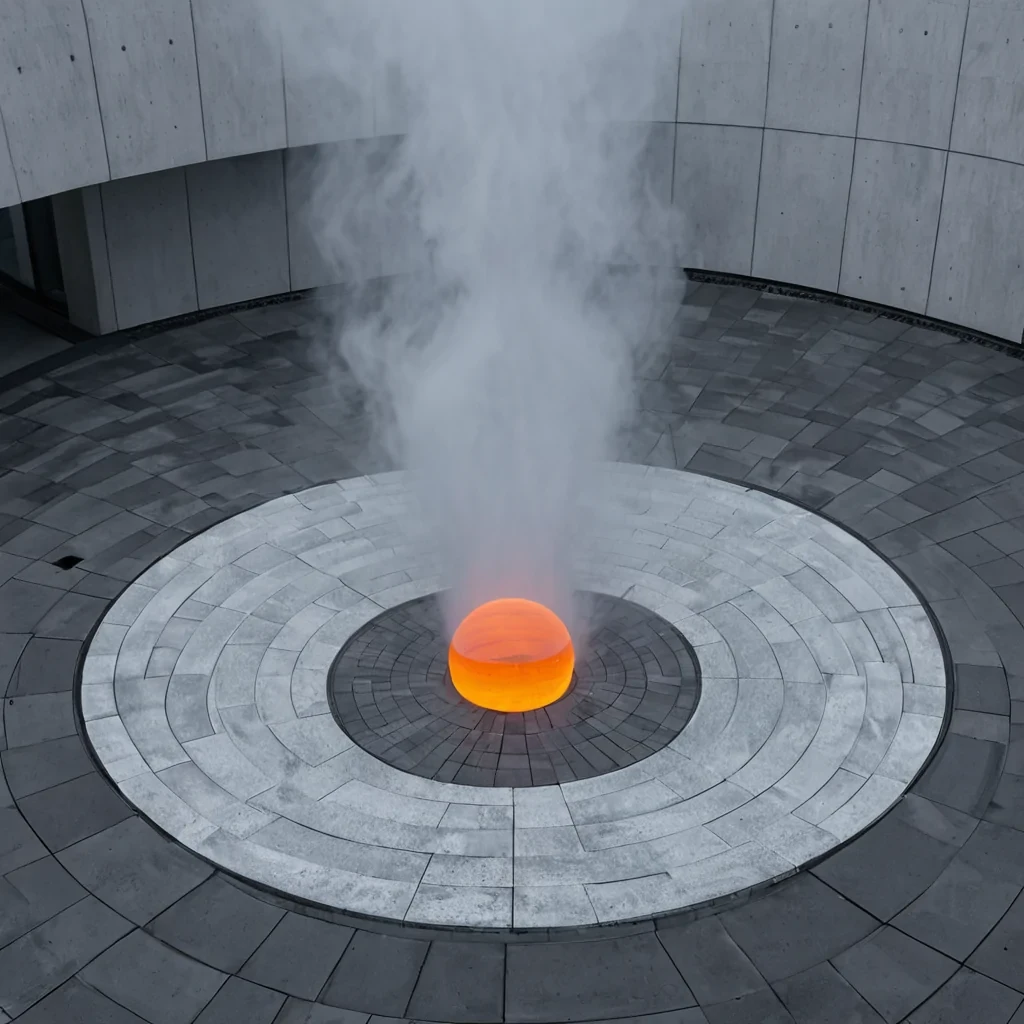 A vertical, highangle shot of a suspended, circular plaza paved with interlocking tiles of matte charcoal concrete, surrounded by a sheer drop into a dense, swirling fog of white vapor that obscures the ground below. The plaza is encircled by a low, undulating wall made of translucent, milky acrylic that diffuses the soft, pearlescent light from a sky composed entirely of overlapping, semitransparent geometric planes in shades of slate blue and pale grey. In the center stands a solitary, abstract sculpture resembling a frozen splash of mercury, its surface perfectly smooth and reflecting the distorted shapes of the surrounding environment. Drifting lazily around the sculpture are dozens of tiny, spherical drones with glowing, warm orange lenses, moving in a slow,