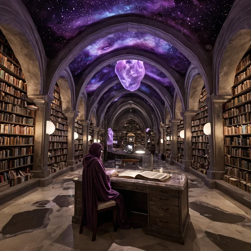 A horizontal, eyelevel medium shot of a quiet, subterranean library carved into the interior of a colossal, hollowedout geode, where the walls are lined with towering shelves of iridescent motherofpearl that reflect the soft, ambient glow of floating, jellyfishlike luminescent orbs. The architecture features sweeping, organic arches of polished obsidian and translucent quartz, creating a serene, cathedrallike space filled with the gentle hum of stored memories. In the foreground, a memory archivist with skin resembling smooth, warm alabaster and wearing a highcollared robe of deep, muted plum silk adorned with subtle, silverthreaded constellations stands at a curved, polished marble desk. They are carefully handling