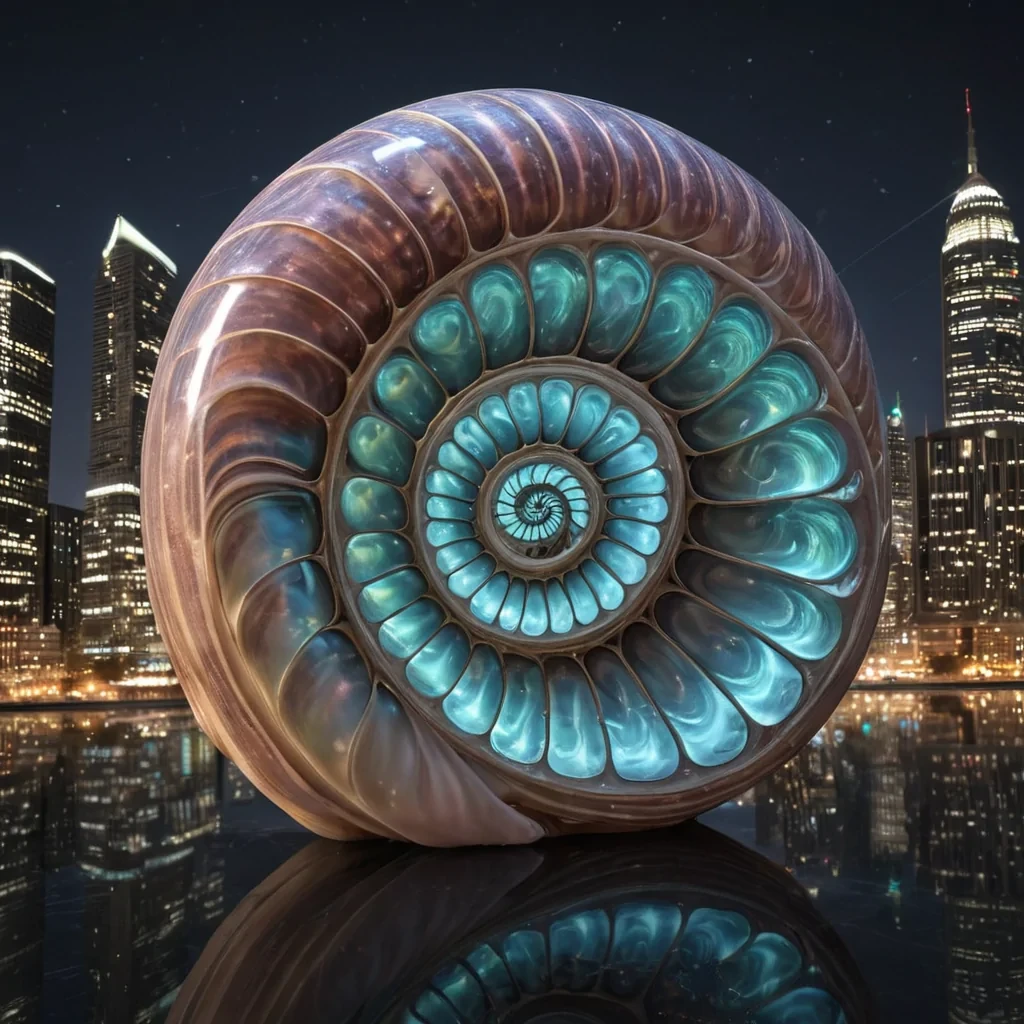 Photorealistic, colossal nautilus shell, its iridescent chambers expanding to reveal a labyrinth of hyperrealistic, bioluminescent, Art Decoinspired architecture, reflected in the ultra HD, mirrored surface of an infinite, starlit void. Volumetric lighting casts intricate, geometric shadows, while atmospheric effects create a mesmerizing, nebulalike haze. Dynamic lighting dances on the citys skyscrapers, casting a soft focus on the distant horizon, with lens flare accentuating the shells central, luminescent spiral.