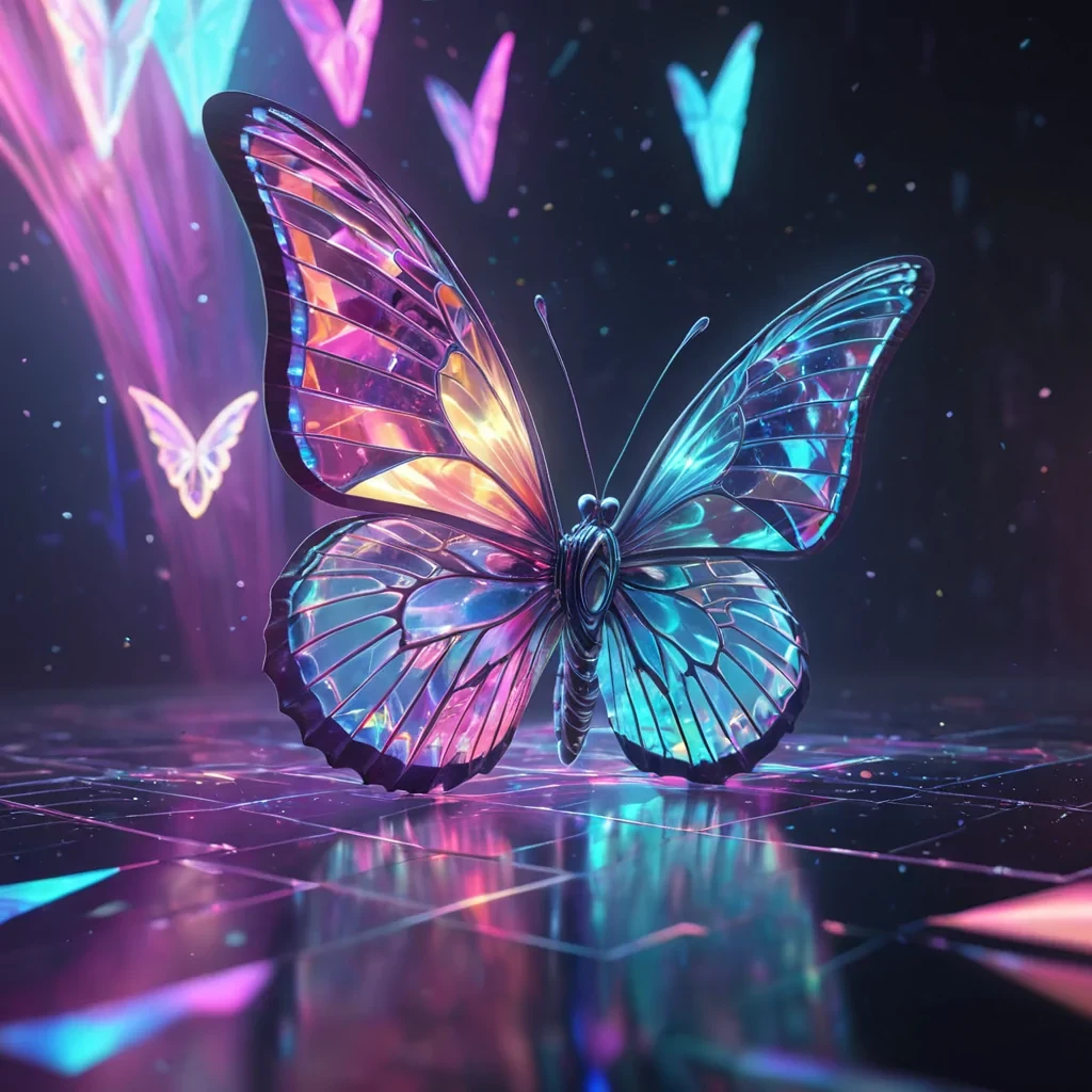 Hyperrealistic neon butterfly with iridescent wings, gracefully floating through a floating, geometric wave of reflective, swirling pastel triangles, dynamic lighting with volumetric beams, soft focus on its delicate, luminescent body, vibrant colors, 4K resolution, lens flare shimmering around its ethereal form in a surreal, futuristic cyber sanctuary.