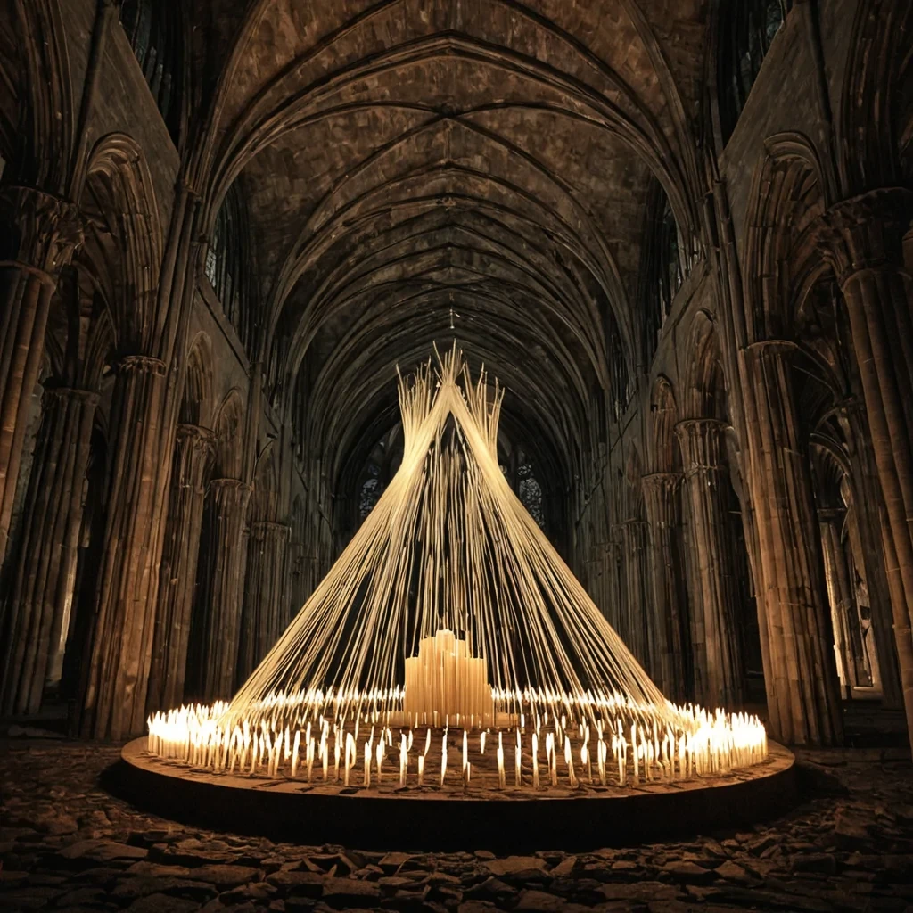 A single, selfilluminating knot of woven silence pulses at the center of a floating, inverted cathedral built from the fused remains of a thousand unlit candles that never burned, its strands not fibrous but spun from the chromatic residue of a breath held too long in a room that never had walls. The knot does not glowit unglow, each pulse retracting a century of stillness into its core, condensing into a dense, charcoal helix that resonates with the subsonic frequency of a prayer whispered in a language that never had vowels. The cathedrals vaults are not stonethey are layered sheets of petrified absence, each arch etched with the thermal afterimage of a shadow that never fell