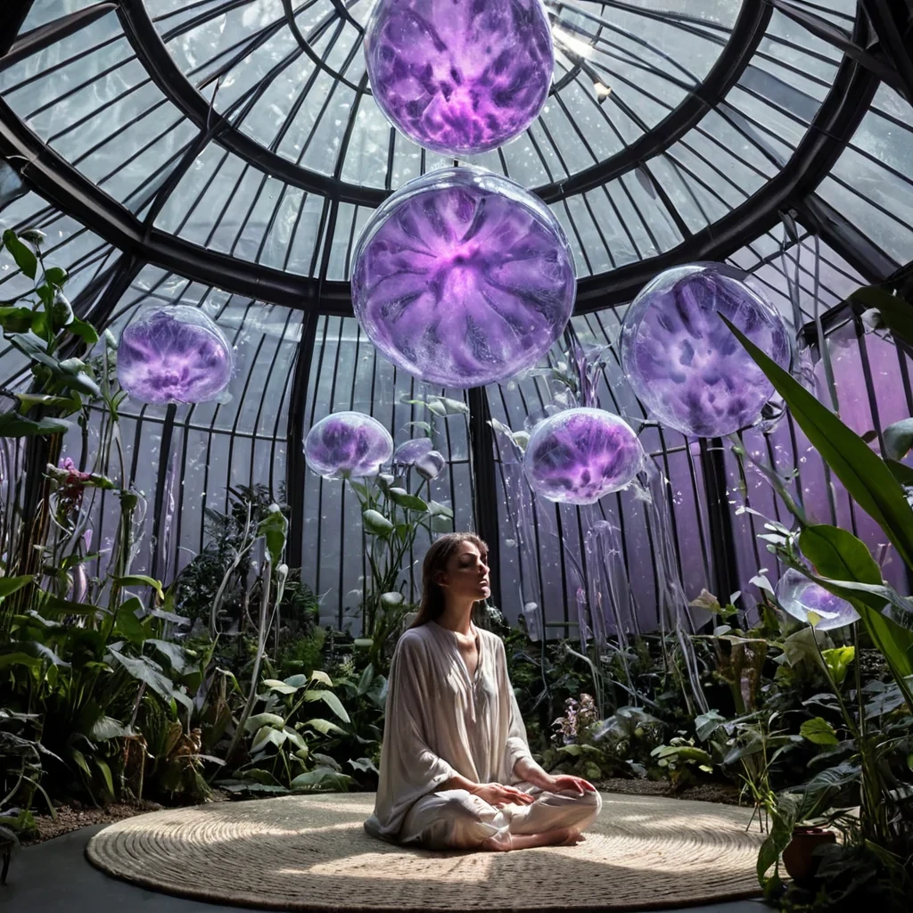 A closeup, eyelevel shot of a quiet, indoor botanical conservatory where the air is thick with suspended, bioluminescent spores that drift like slowmotion snow. The space is dominated by towering, translucent silica tubes that pulse with a soft, rhythmic violet light, serving as artificial suns for the exotic flora within. In the center, a large, floating orb of liquid mercury rotates slowly, reflecting the intricate details of the surrounding glass and the delicate, fernlike leaves of plants with translucent, veined foliage. A figure wearing a minimalist, creamcolored linen tunic sits on a low, woven mat, their hand extended toward a cluster of glowing, jellyfishlike flowers that hang from the ceiling on thin, silver filaments