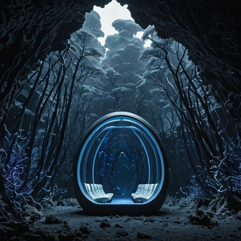 A cinematic, lowangle tracking shot of a colossal, suspended transit pod gliding silently through a dense, fogchoked canyon of bioluminescent coral spires. The pod is constructed from seamless, matte charcoal composite material, featuring a long, elongated, teardrop shape with a single, panoramic, curved window made of reinforced sapphire glass that reflects the surrounding electric blue and neon purple hues of the coral forest. Inside the pod, visible through the glass, are rows of minimalist, white molded seats occupied by diverse, anonymous figures in monochromatic attire, all gazing quietly out at the passing scenery. The coral spires outside are not plants but mineralized, crystalline structures that pulse with a rhythmic, soft glow,