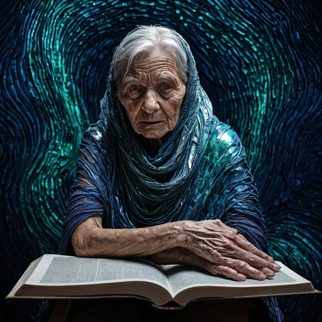 A vertical, ultradetailed portrait of an elderly woman with skin resembling weathered, cracked leather, her eyes replaced by swirling, highdefinition topographic maps of a desert biome rendered in vivid, saturated blues and greens. She is seated on a stool made of stacked, translucent layers of compressed book pages, each layer glowing with a faint, pulsating white light that illuminates the intricate texture of the paper fibers. Draped over her shoulders is a shawl woven from thousands of tiny, flexible, liquid metal chains that shimmer with a chrome finish, reflecting the surrounding environment with sharp, distorted clarity. The background is a seamless, deep indigo gradient that fades into a soft, outoffocus blur, emphasizing the sharp details of the topographic eyes