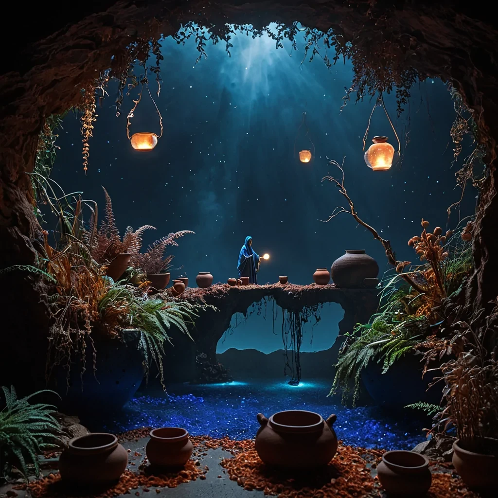 A horizontal, eyelevel wide shot of a surreal, floating archipelago where the islands are massive, hollowedout terracotta pots suspended in a sky of deep, velvety indigo. Each pot contains a miniature ecosystem of bioluminescent ferns and crystalclear waterfalls that cascade into the void below, turning into mist before hitting an unseen surface. The pots are connected by delicate, translucent bridges made of spun sugar glass, which refract the soft, ambient light from the surrounding nebula clouds. In the foreground, a figure wearing a flowing robe woven from dried autumn leaves and copper wire stands on the edge of the largest pot, holding a lantern made of a glowing, translucent seed pod that emits a warm, amber light