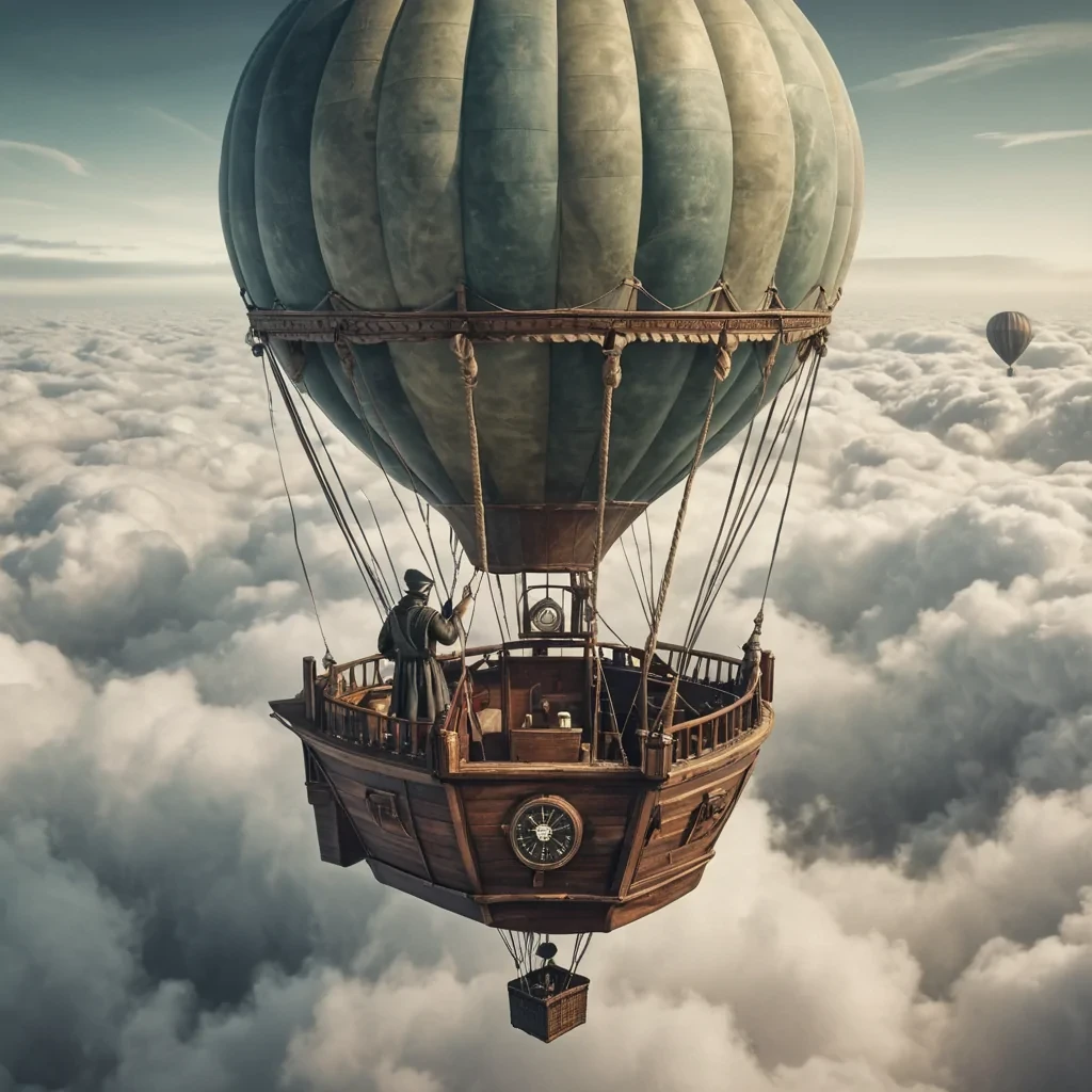 A lone, ancient mariner navigating a sea of clouds in a weathered hot air balloon, guided by a compass that points to the heart of a perpetual storm, hyperrealistic, ultra HD, cinematic lighting, volumetric lighting, atmospheric effects, soft focus, pastel tones, detailed textures.