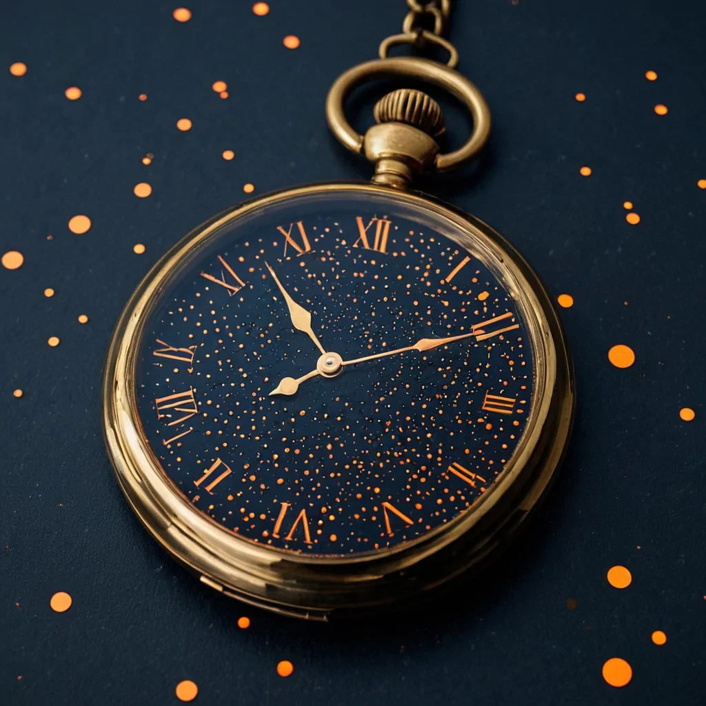 A tight, sideprofile macro shot of a vintage brass pocket watch face, where the dial is composed of a dense, static field of tiny, glowing neon orange dots resembling a digital rain. The hour and minute hands are replaced by two slender, sharp blades of polished steel that cast long, distinct shadows across the dotmatrix surface. Surrounding the watch case is a chaotic, swirling vortex of fine, dry, rustcolored iron filings that defy gravity, suspended in midair in a perfect circular formation. The background is a seamless, deep, matte navy blue void, emphasizing the metallic sheen of the brass and the vibrant, electric glow of the orange data points. The lighting is dramatic and highcontrast, creating a sense of suspended time and