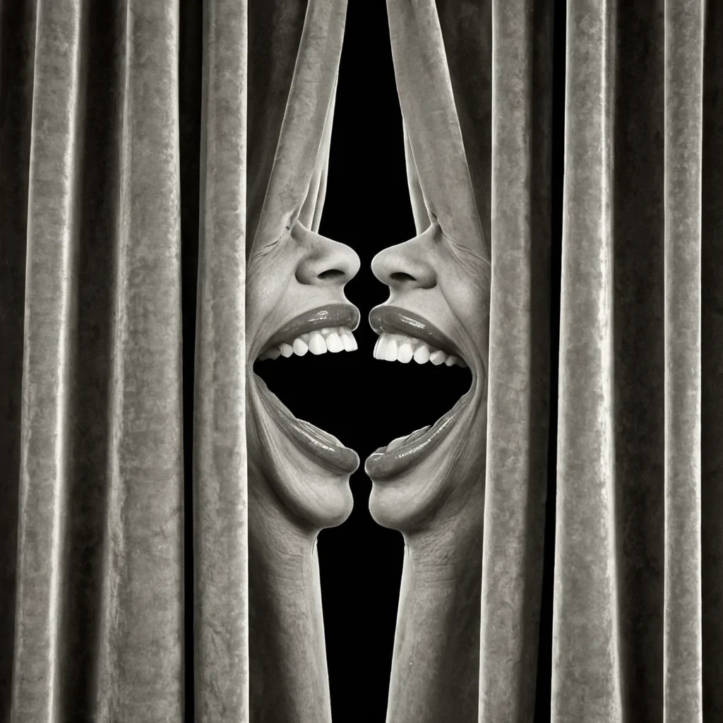 A single, selfoscillating filament of reversed laughter, shaped like a 1027dimensional helix of unformed joy and inverted euphoria, thrums at the center of a vast, inverted theater of solidified solemnityeach velvet curtain carved from the exact moment between a joke being told and its refusal to be heard, a smile forming and dissolving into nonemotional stillness, a standing ovation rising and collapsing into pure, unmeasured silence. The filament does not laughit unlaughs, each trembling strand shedding a layer of emotional potential that never coalesced into a shared moment of delight, reforming into ephemeral, rosegoldthreaded afterimages shaped like the negative space between two mouths