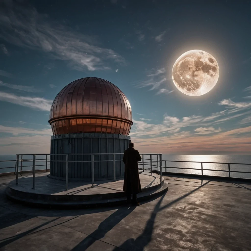 A photorealistic, wideangle shot of a vast, openair observatory perched on the edge of a floating continental shelf in a sky filled with layered, horizontal bands of pastelcolored clouds. The observatory is constructed from weathered, oxidized copper sheets and warm, honeytoned cedar wood, featuring a central, rotating dome with a slit that reveals a complex array of brass telescopes pointing toward a massive, translucent moon. The floor is made of polished, dark slate tiles that reflect the soft, diffuse light of the sky. In the foreground, a single, elegant figure dressed in a long, flowing coat made of iridescent, scalelike fabric stands silhouetted against the moon, holding a small, glowing orb of