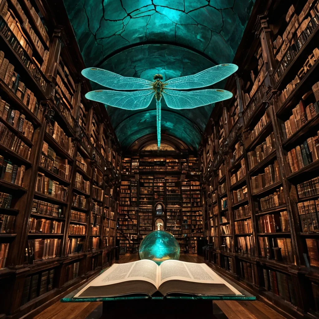 A highcontrast, mediumformat photograph of a vast, subterranean library carved into the interior of a hollowedout, colossal geode, but the books are not paper they are thin, translucent sheets of dried, iridescent dragonfly wings, stacked in precarious, spiraling towers that reach toward a dim, bioluminescent ceiling. The air is thick with suspended, microscopic particles of crushed turquoise malachite that drift lazily, catching the light from the wings to create a hazy, electric blue atmosphere. In the foreground, a single, oversized, mechanical reading stand made of polished, rusted brass holds one open wingpage, its veins acting as text lines that glow with a faint, warm amber pulse