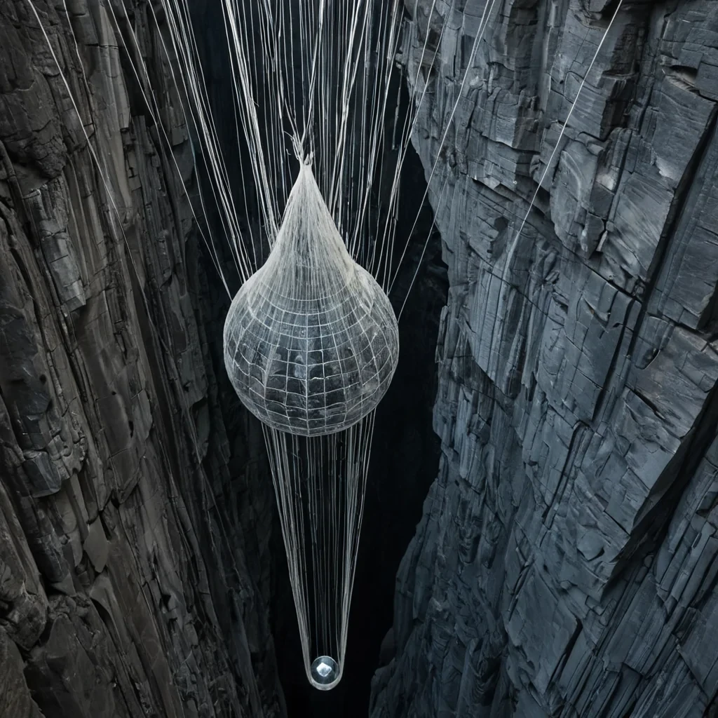 A vertical, highangle shot of a colossal, vertical library carved directly into the face of a sheer, white limestone cliff, where thousands of narrow, dark windows punctuate the smooth stone like a grid of obsidian eyes. Suspended between the cliff face and a distant, floating island of dark, porous basalt is a vast, intricate web of translucent, shimmering spidersilk bridges that vibrate with a faint, iridescent luminescence. In the center foreground, a small, spherical glass gondola glides along one of these silk threads, carrying a solitary figure dressed in a heavy, textured wool cloak of deep charcoal gray. The lighting is cool and diffused, typical of a highaltitude mist, with shafts of