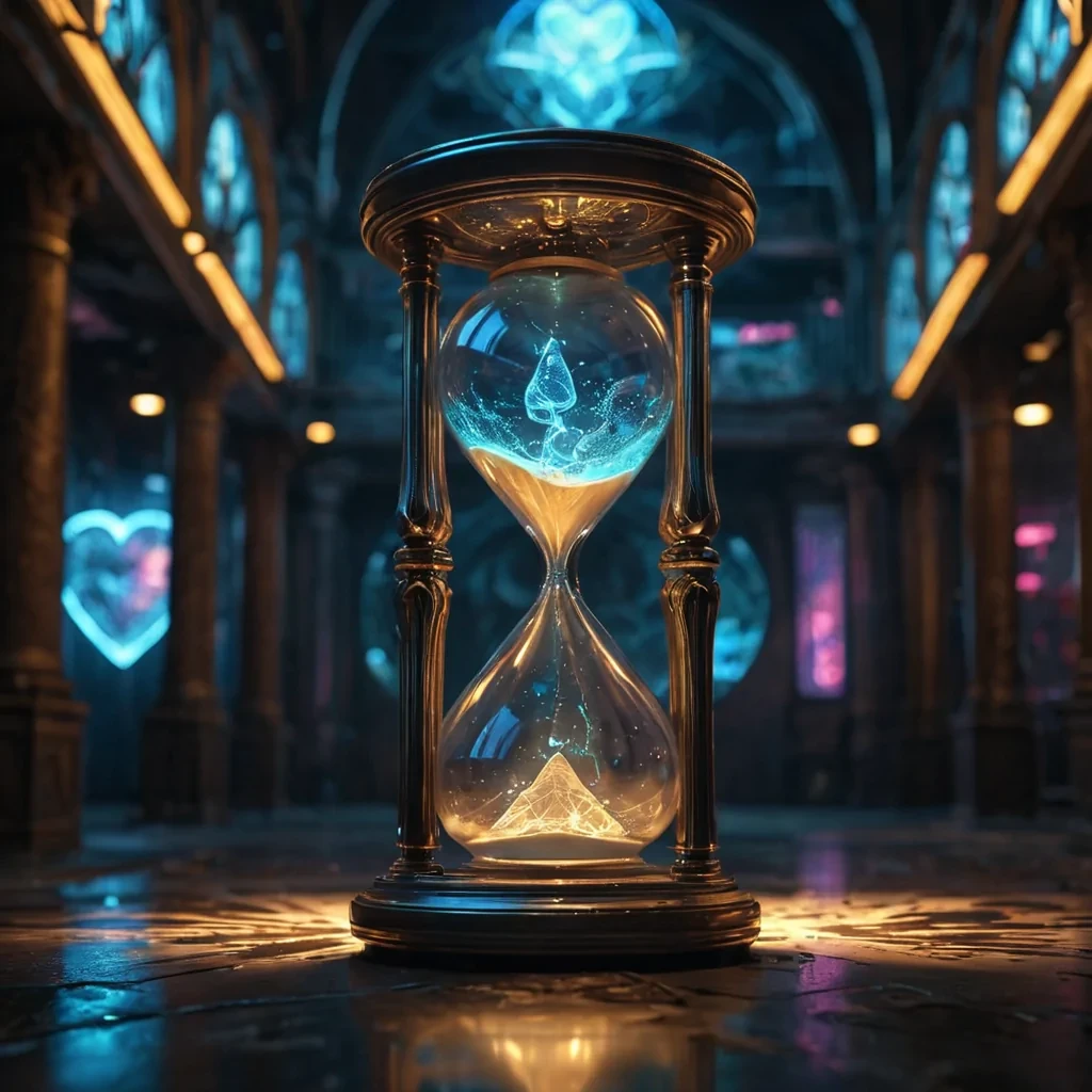 A hyperrealistic, 4K portrait of a lone, sentient, neonlit holographic hourglass, its ethereal form pulsating with intricate, bioluminescent fractal patterns, suspended in the heart of a vast, abandoned, neonlit arcade, with cinematic lighting casting dramatic shadows and emphasizing the hourglass dynamic, fluid movements, and a subtle, warm bokeh effect creating a sense of isolation and melancholy.