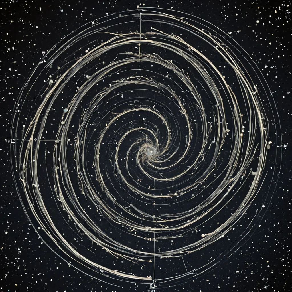 A single, selffragmenting constellation of reversed time, shaped like a 927dimensional spiral of unformed chronology and inverted causality, drifts through the center of a vast, inverted clocktower of solidified stasiseach gear frozen midturn at the exact moment between a second hand advancing and its refusal to move, a pendulum swinging and its sudden dissolution into motionless air, a heartbeat syncing with a ticking and then unraveling into nonsequential silence. The constellation does not mark timeit unmarks it, each shimmering node shedding a layer of temporal potential that never coalesced into a shared sequence, reforming into ephemeral, lapislazulithreaded afterimages shaped like the negative space between two