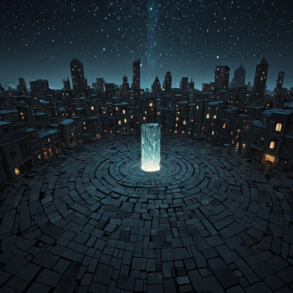 A single, floating city of inverted geometry constructed from solidified laughter and woven starlight hovers above a sea of liquid silence, its buildings not vertical but spiraling inward like the coils of a forgotten dream. The streets are not paved with stone, but with layers of compressed breath from a thousand unshared secrets, each one glowing faintly with the emotional resonance of a smile that was never shown. The city does not rest on cloudsit floats in a void of inverted time, where shadows move backward and rain falls upward in slow, crystalline droplets that shatter into constellations of regret, hope, or quiet resolve. At its center, a hollow, geometric fountain made of solidified empathy emits not water, but a slow, rotating